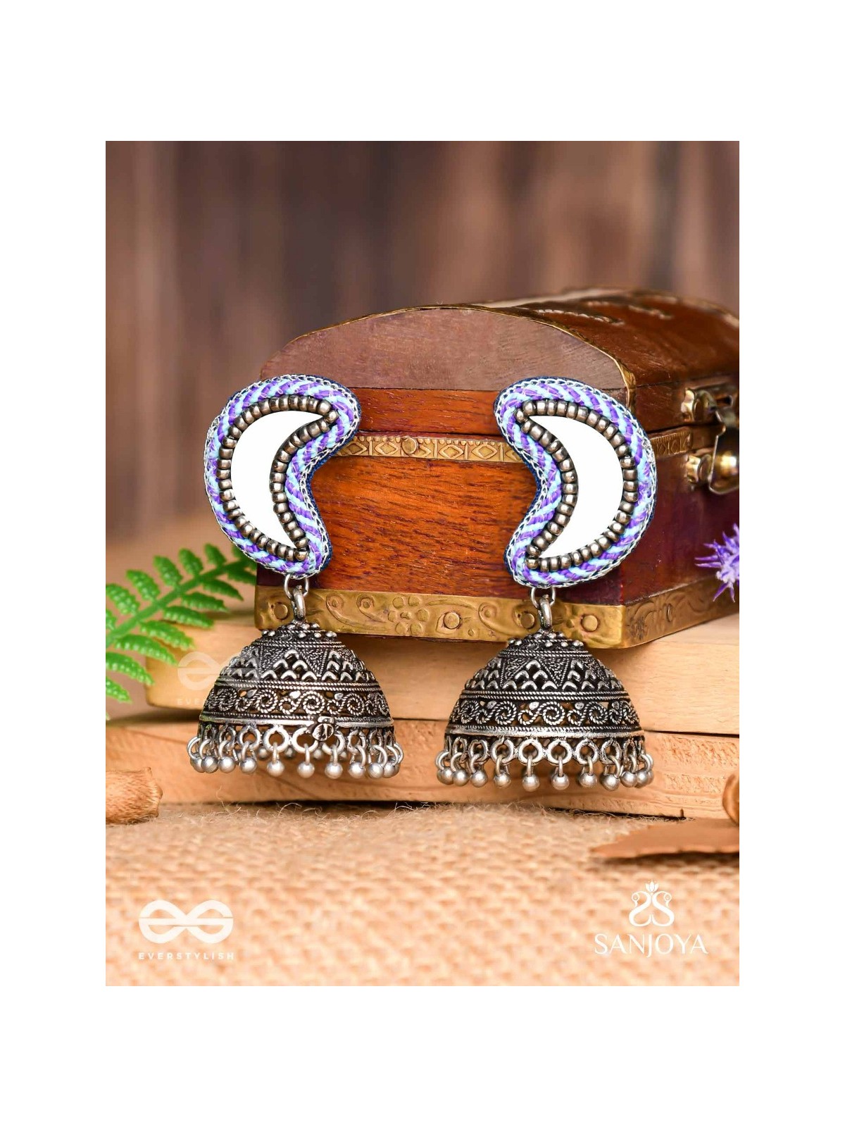 Shashikhand - The Crescent Reflectors - Mirror, Resham And Beads Hand Embroidered Oxidised Jhumka Earrings