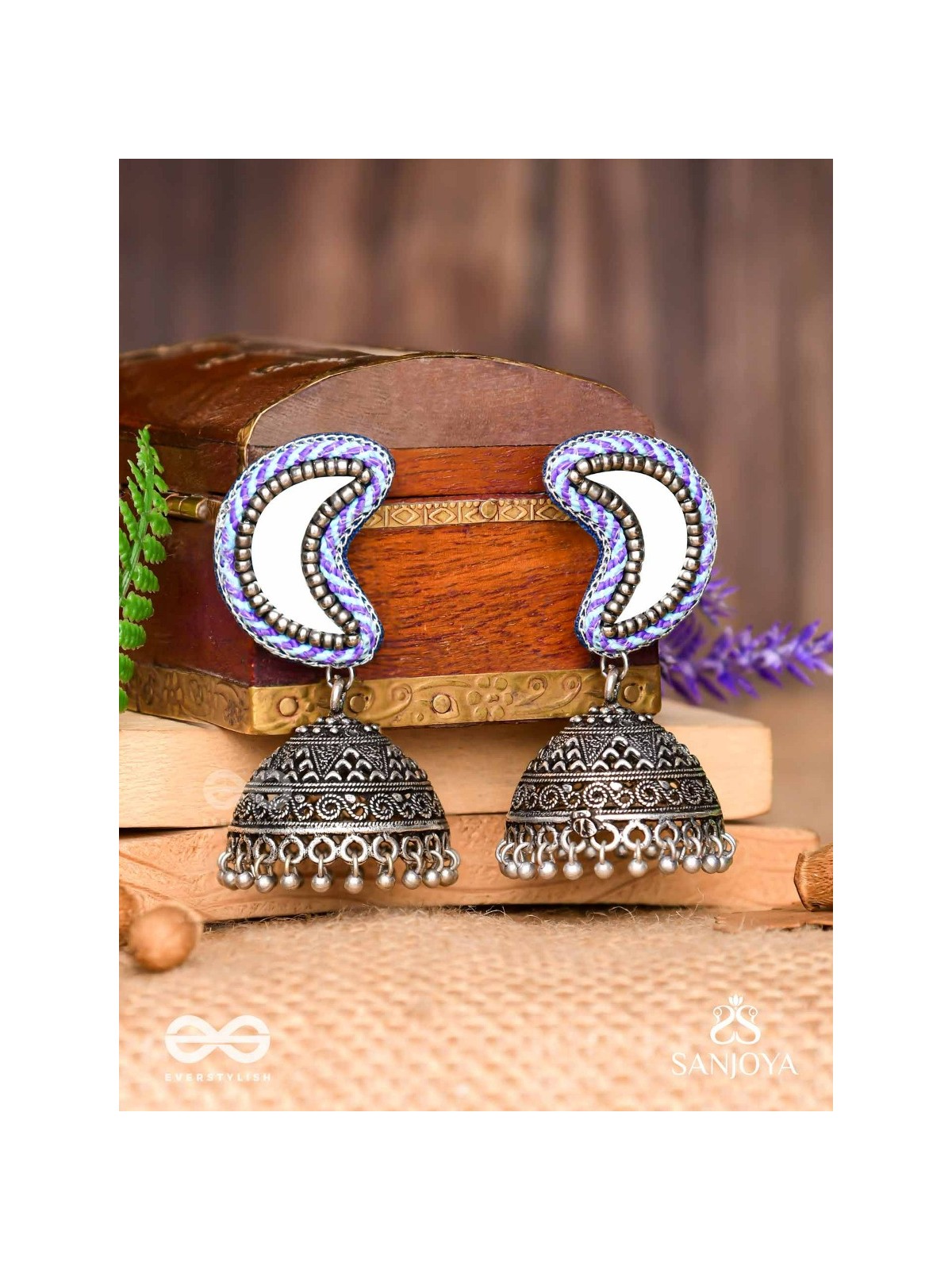 Shashikhand - The Crescent Reflectors - Mirror, Resham And Beads Hand Embroidered Oxidised Jhumka Earrings