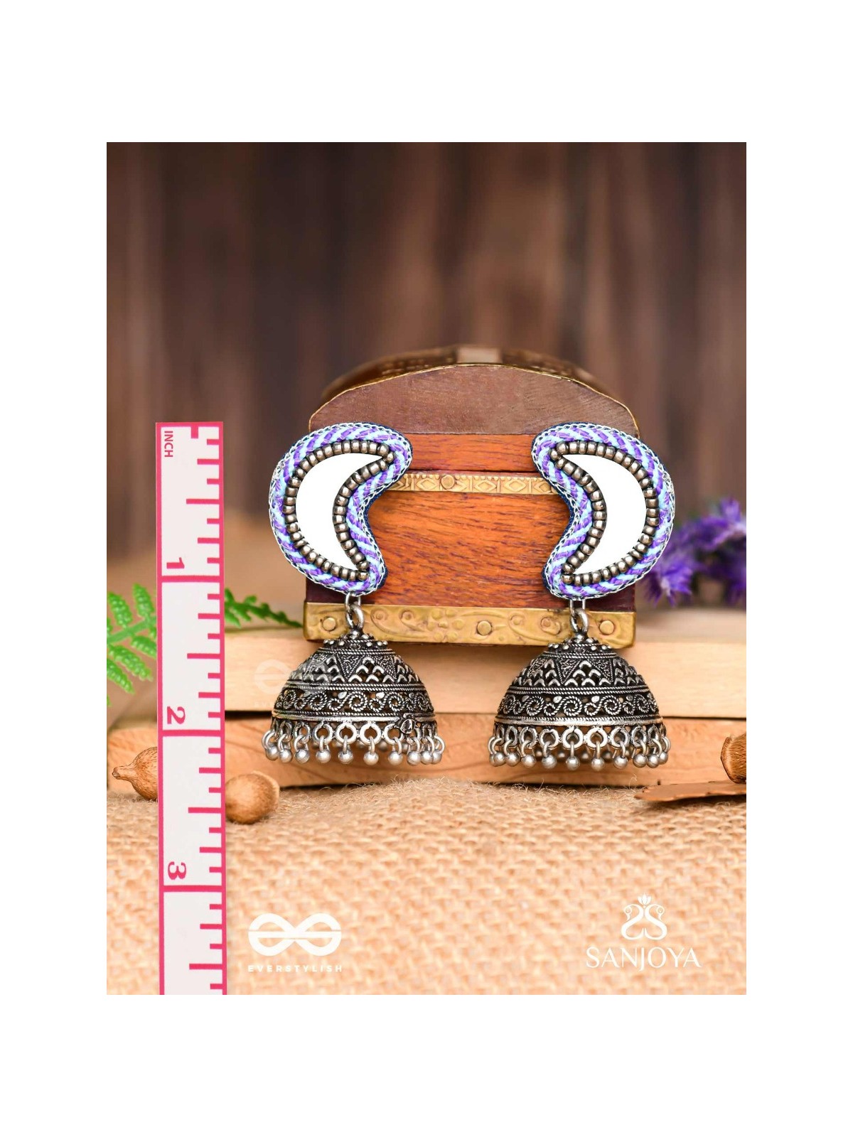Shashikhand - The Crescent Reflectors - Mirror, Resham And Beads Hand Embroidered Oxidised Jhumka Earrings