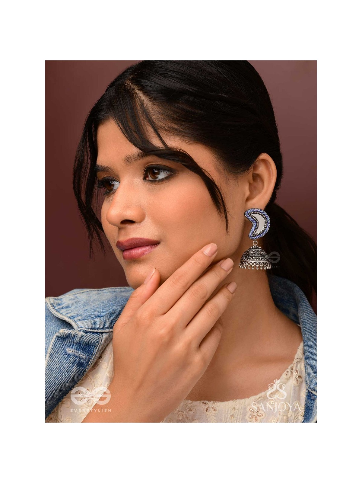 Shashikhand - The Crescent Reflectors - Mirror, Resham And Beads Hand Embroidered Oxidised Jhumka Earrings