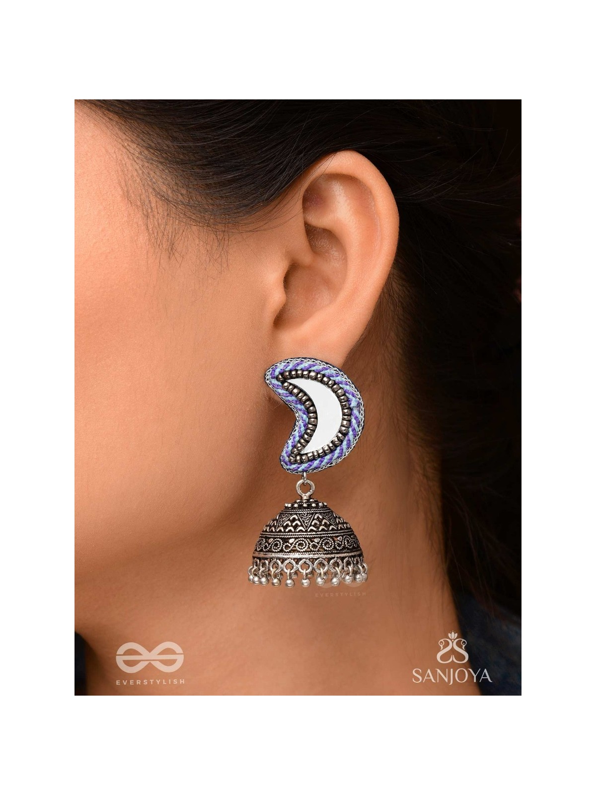 Shashikhand - The Crescent Reflectors - Mirror, Resham And Beads Hand Embroidered Oxidised Jhumka Earrings