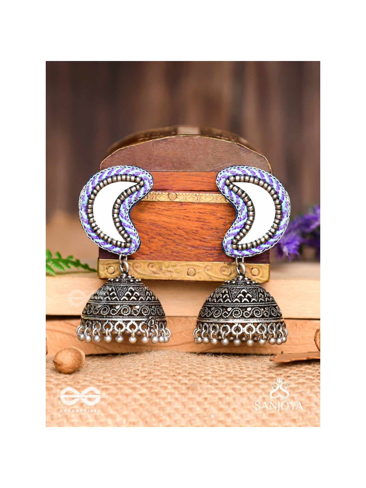 Shashikhand - The Crescent Reflectors - Mirror, Resham And Beads Hand Embroidered Oxidised Jhumka Earrings