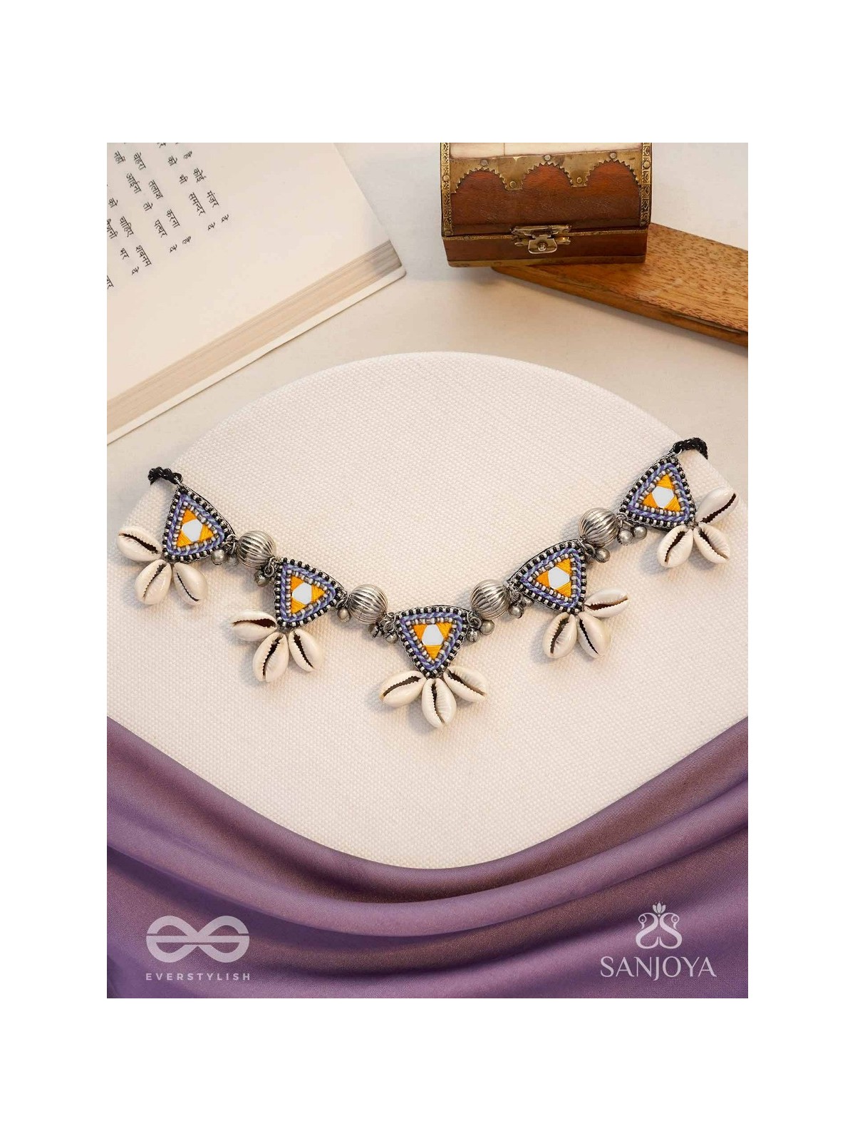 Shanakhya - The Prismy Shells - Mirrors, Shells, Resham And Beads Hand Embroidered Oxidised Choker Neckpiece