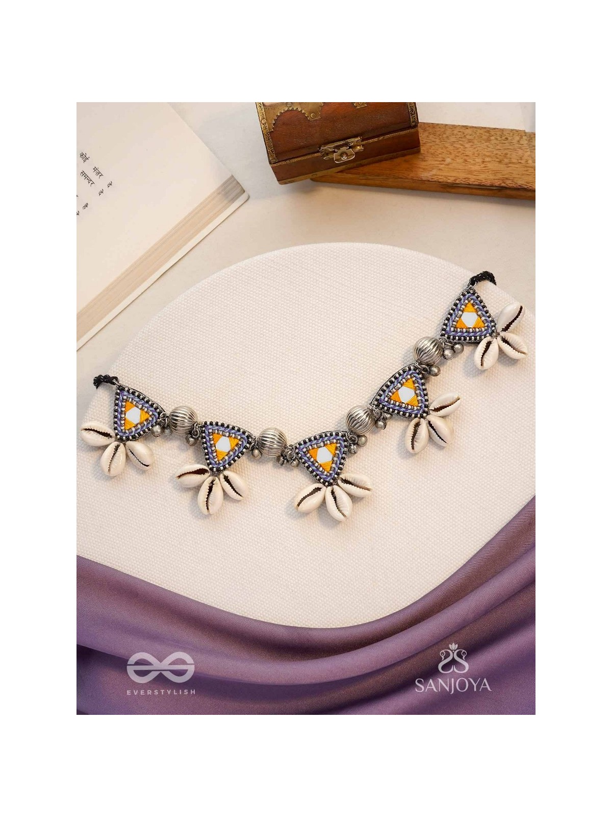 Shanakhya - The Prismy Shells - Mirrors, Shells, Resham And Beads Hand Embroidered Oxidised Choker Neckpiece