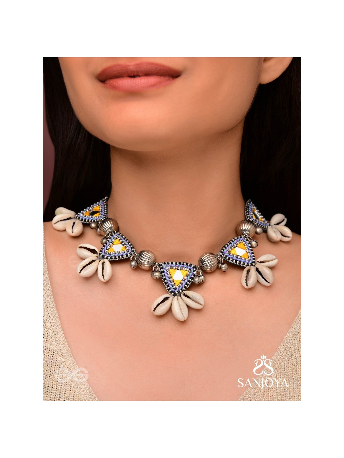 Shanakhya - The Prismy Shells - Mirrors, Shells, Resham And Beads Hand Embroidered Oxidised Choker Neckpiece