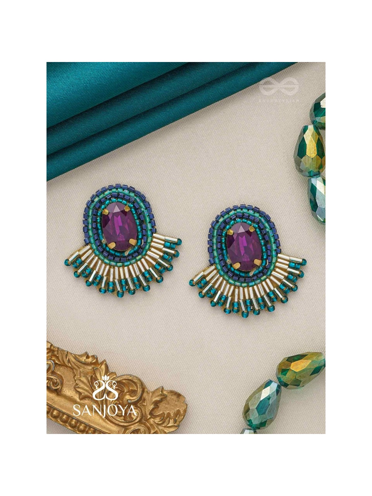 Abdimat -The Twilight  Radiance - Stone And Cutdana Hand Embroidered Earrings