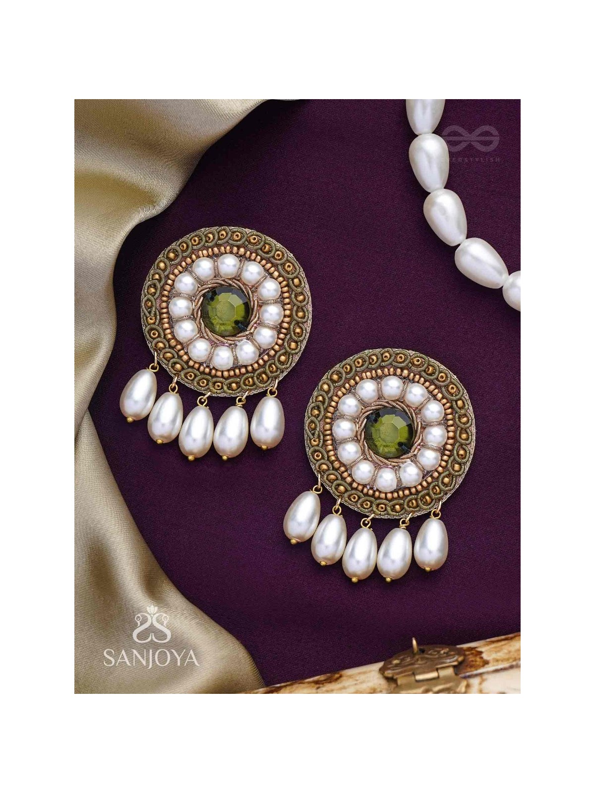 Harisaya - The Glowing Mirage - Beads And Stone Hand Embroidered Earrings