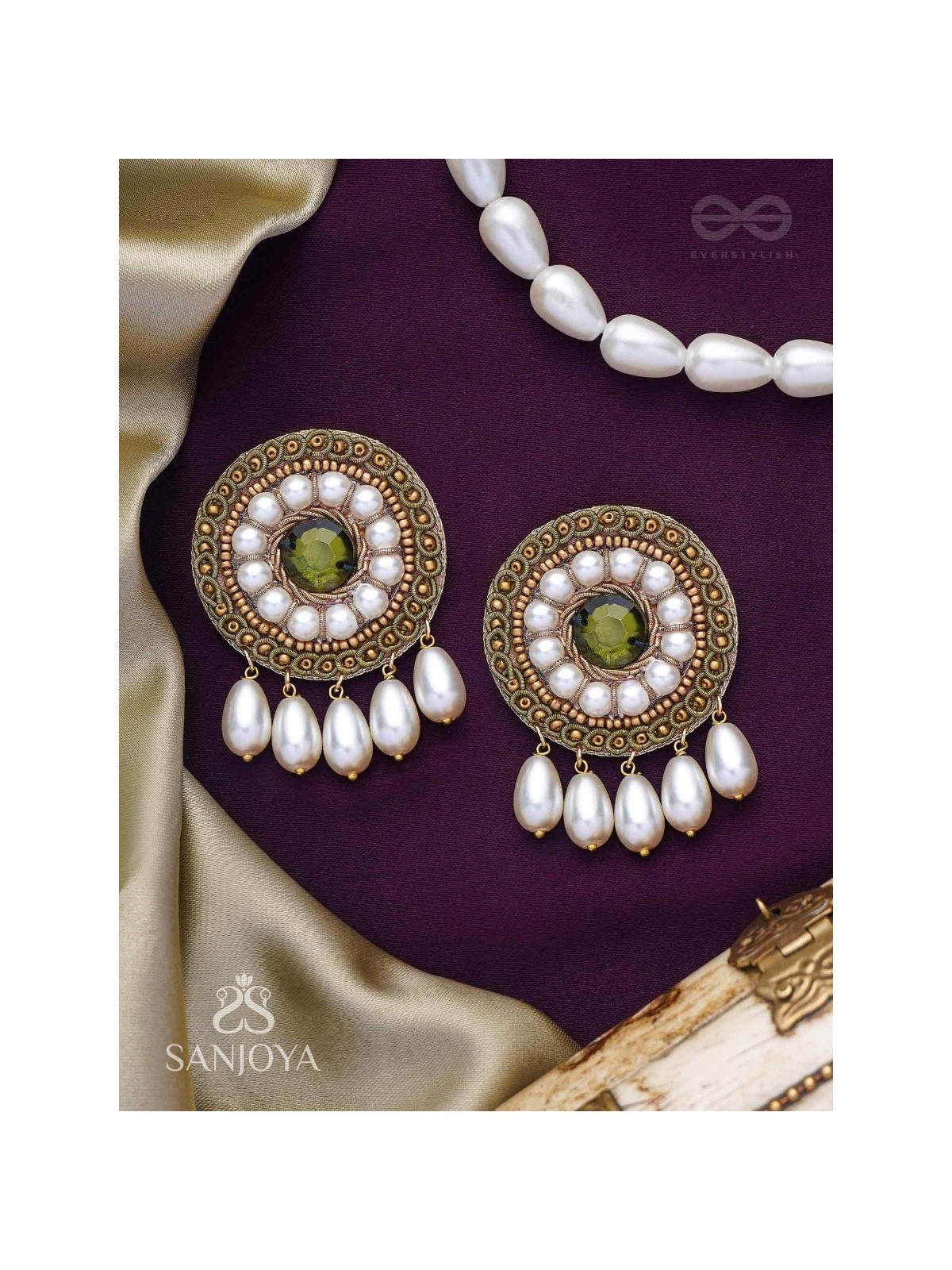 Harisaya - The Glowing Mirage - Beads And Stone Hand Embroidered Earrings