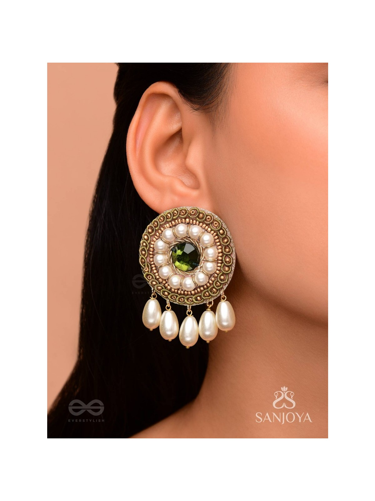 Harisaya - The Glowing Mirage - Beads And Stone Hand Embroidered Earrings