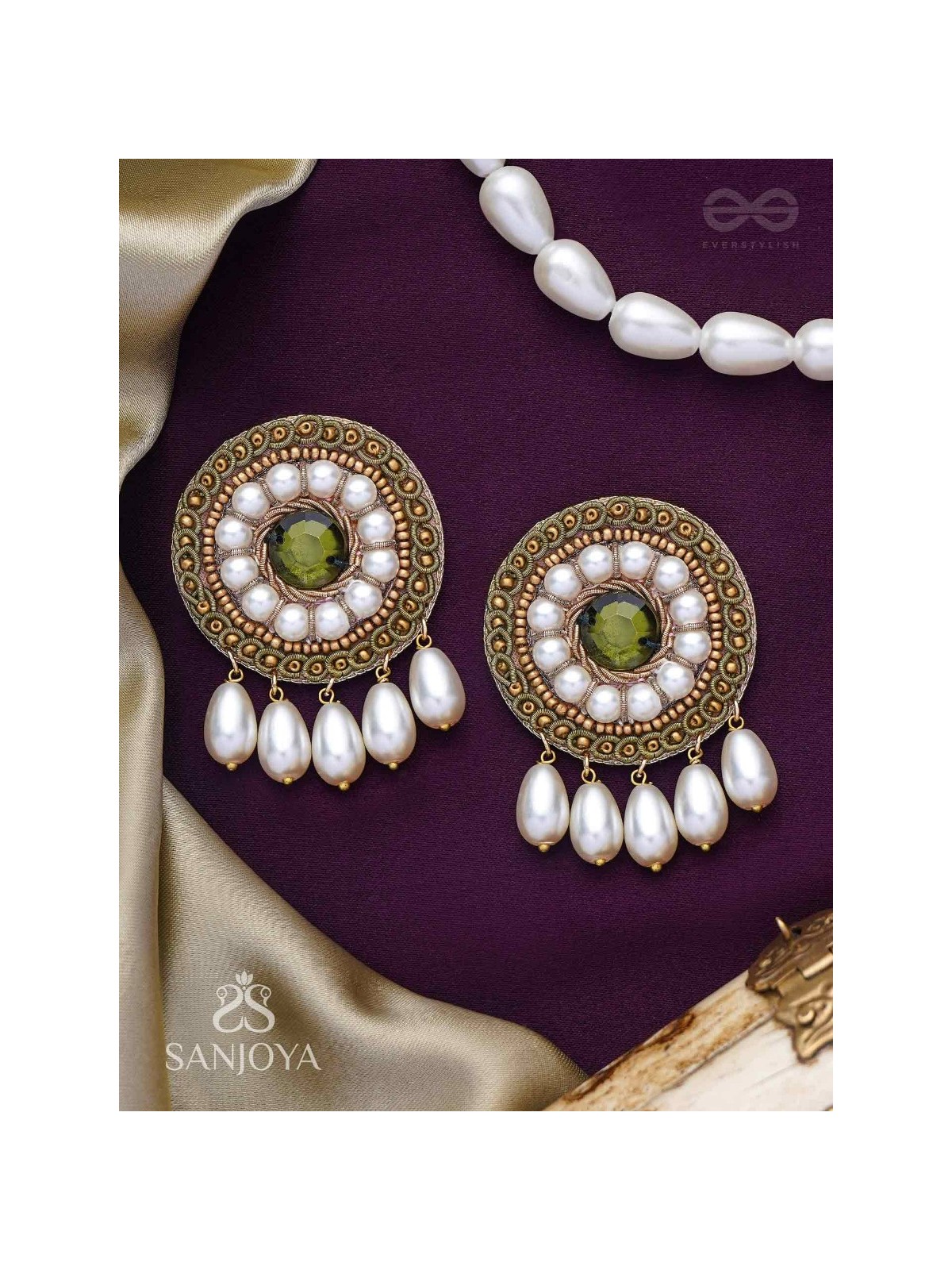 Harisaya - The Glowing Mirage - Beads And Stone Hand Embroidered Earrings