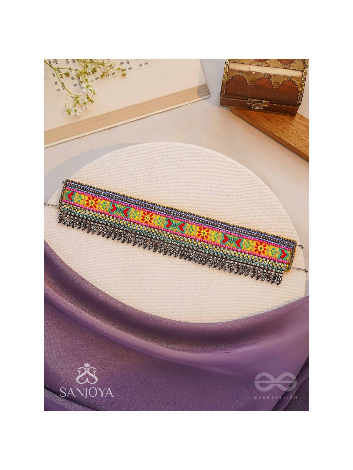 Aatpavat - The Sunlit Field - Resham And Beads Hand Embroidered Oxidised Lace Choker Neckpiece