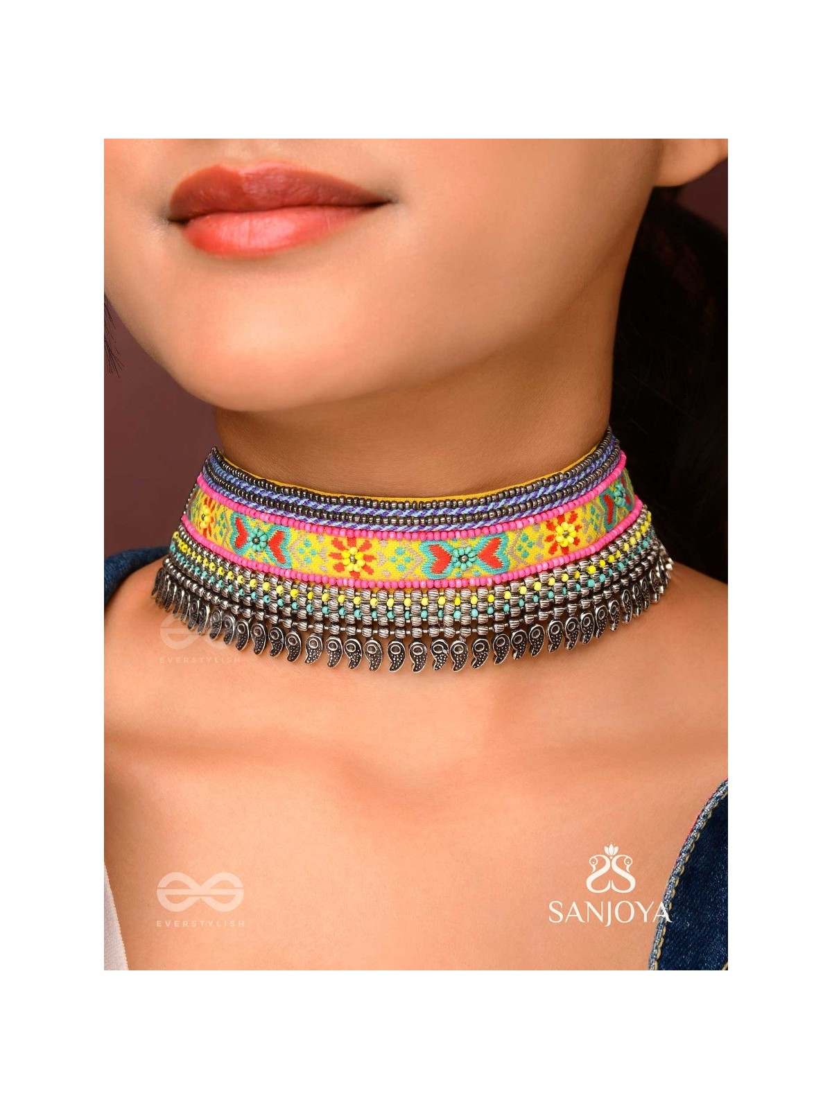 Aatpavat - The Sunlit Field - Resham And Beads Hand Embroidered Oxidised Lace Choker Neckpiece