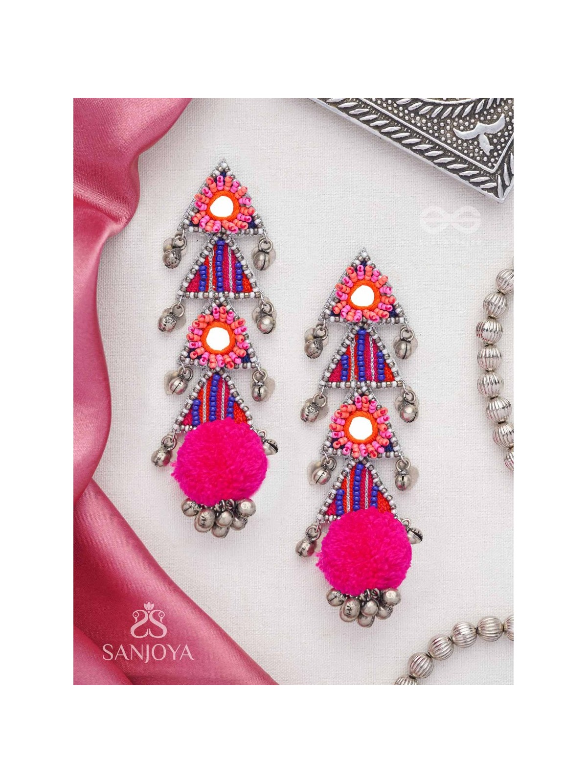 Ucchraya - The Melodic Treasures - Mirror, Resham And Beads Hand Embroidered Oxidised Earrings