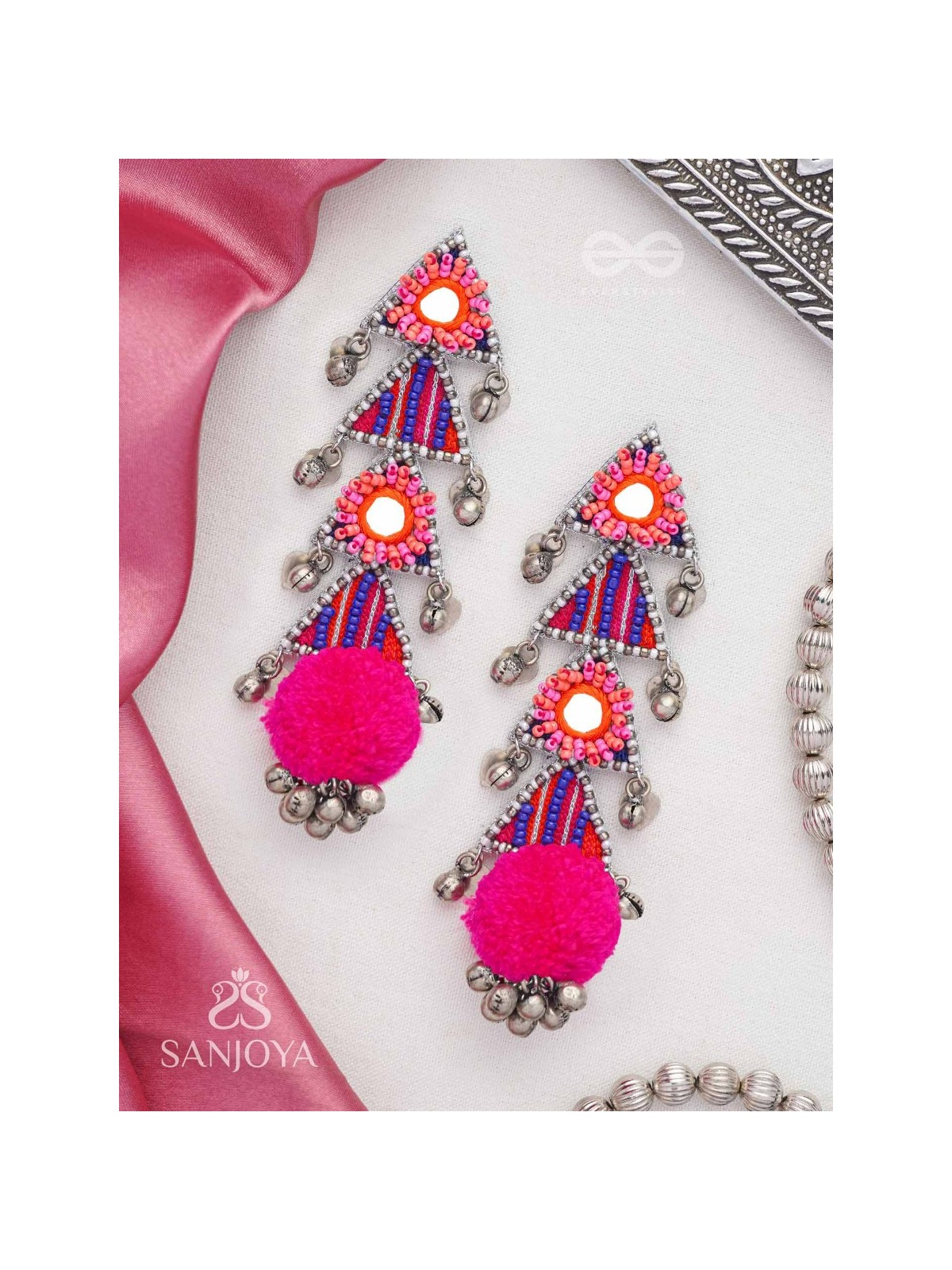 Ucchraya - The Melodic Treasures - Mirror, Resham And Beads Hand Embroidered Oxidised Earrings