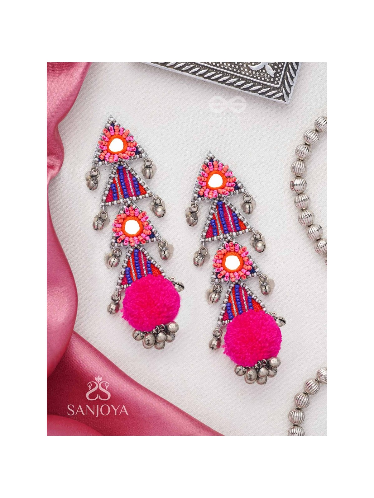 Ucchraya - The Melodic Treasures - Mirror, Resham And Beads Hand Embroidered Oxidised Earrings
