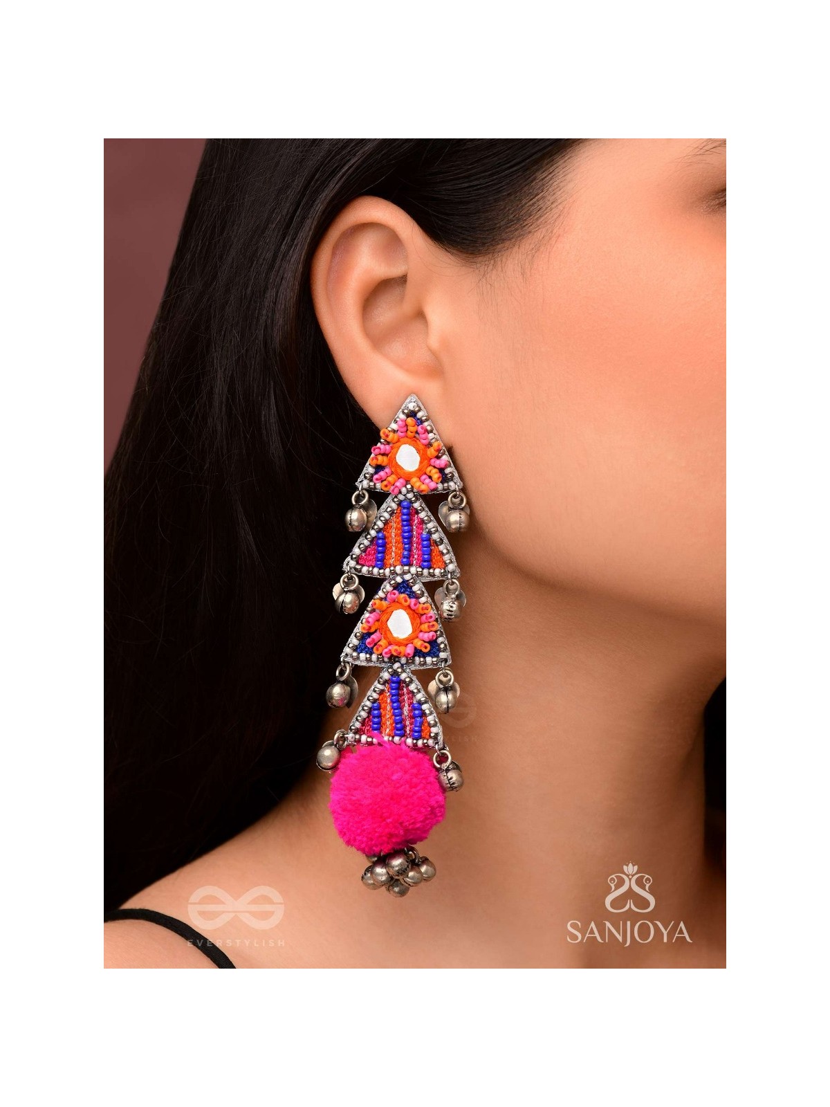 Ucchraya - The Melodic Treasures - Mirror, Resham And Beads Hand Embroidered Oxidised Earrings