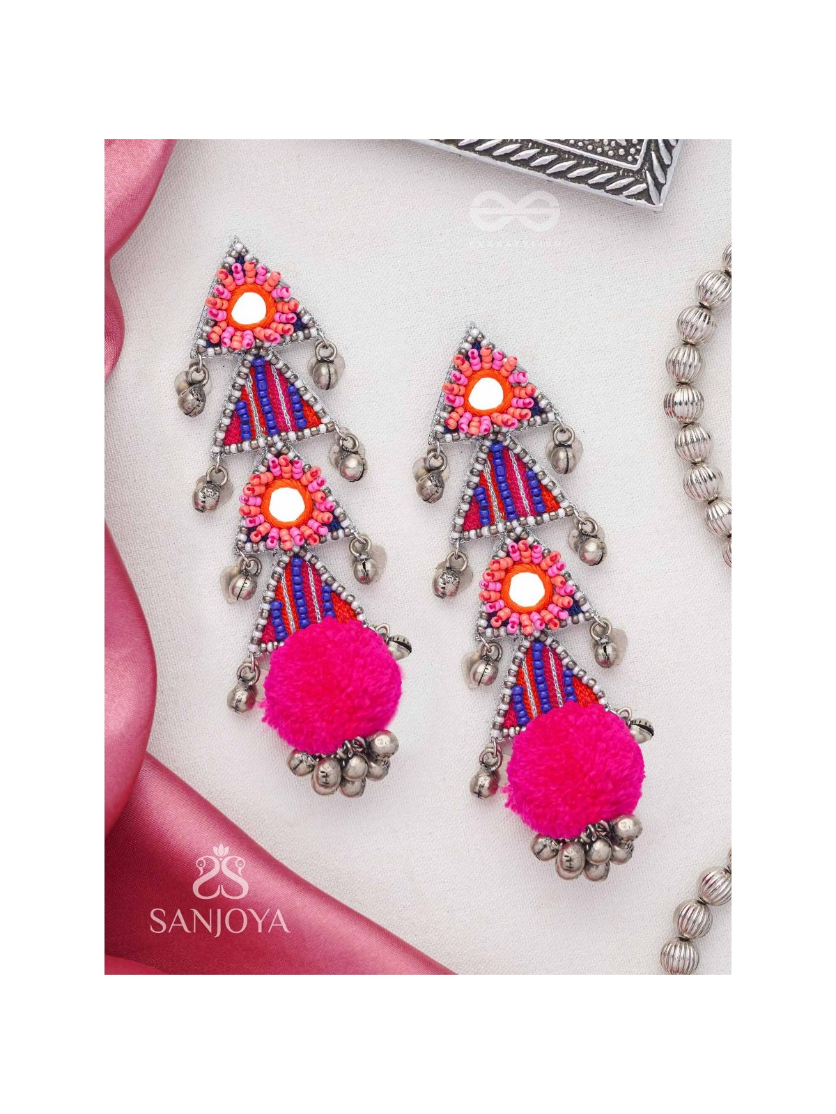 Ucchraya - The Melodic Treasures - Mirror, Resham And Beads Hand Embroidered Oxidised Earrings