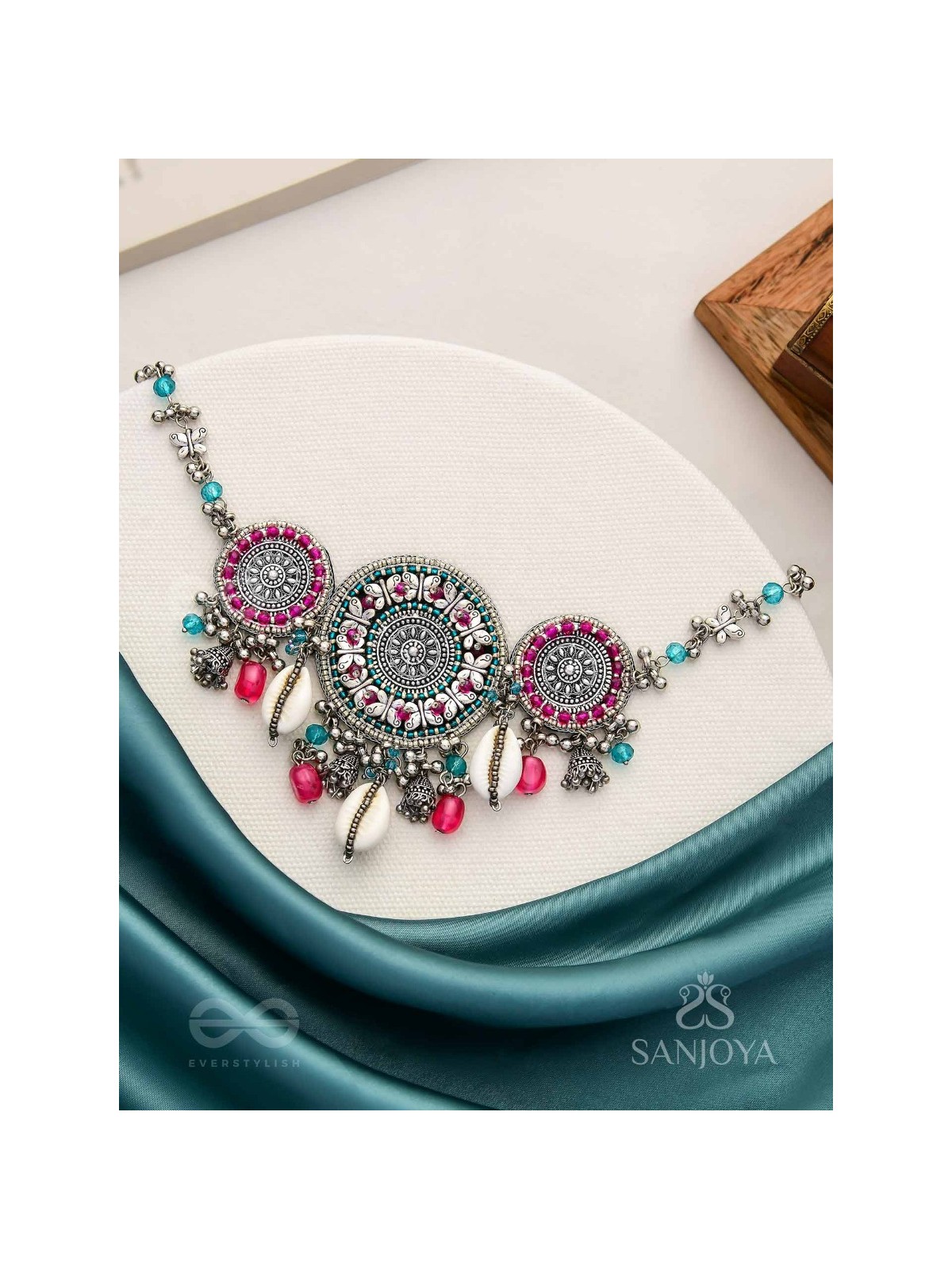 Akratu- The Wheels Of Liberty- Shells, Beads And Glass Drops Hand Embroidered Oxidised Choker Neckpiece