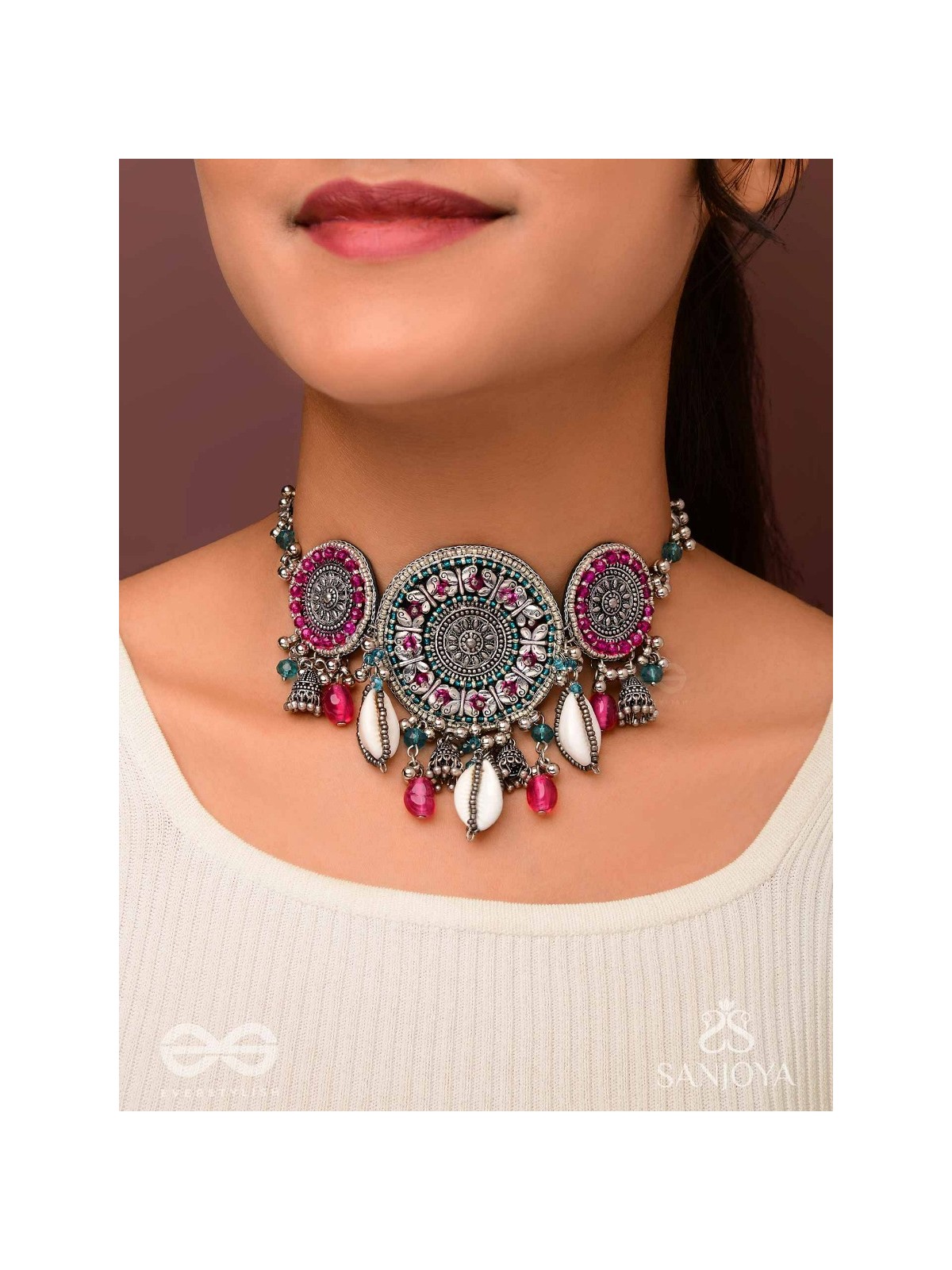 Akratu- The Wheels Of Liberty- Shells, Beads And Glass Drops Hand Embroidered Oxidised Choker Neckpiece