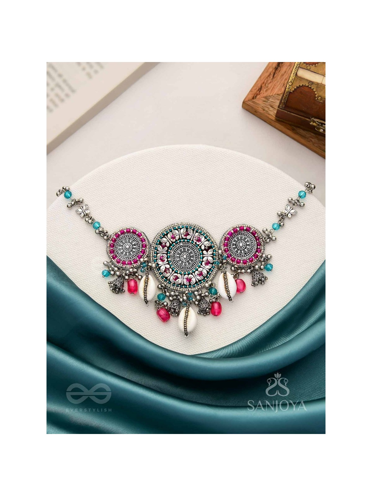 Akratu- The Wheels Of Liberty- Shells, Beads And Glass Drops Hand Embroidered Oxidised Choker Neckpiece