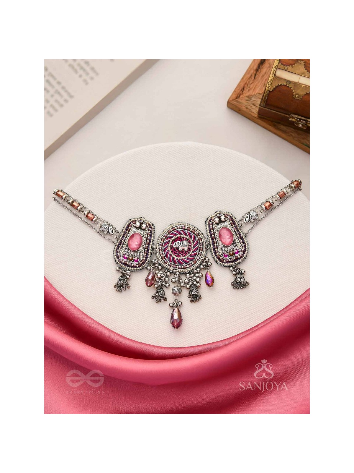 Jagatparayan - The Fuchsia Galaxy- Stones, Beads And Glass Drops Hand Embroidered Choker Neckpiece