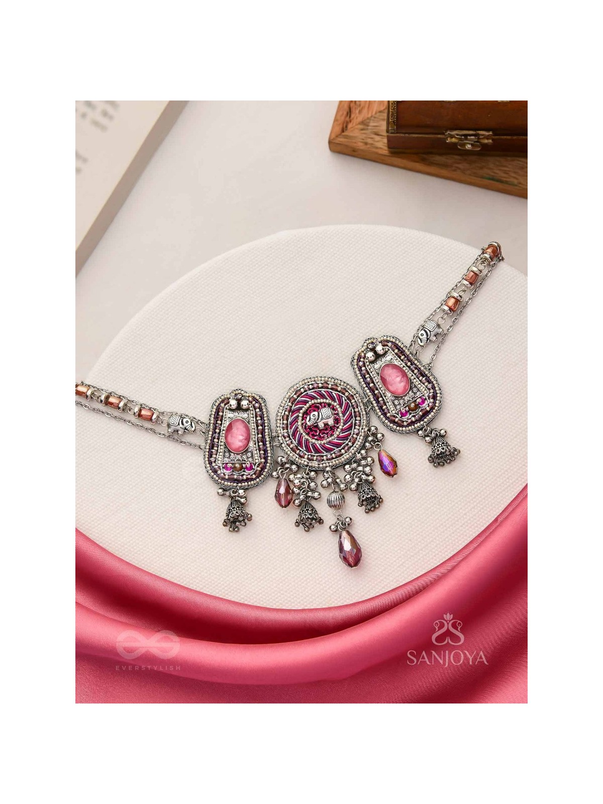 Jagatparayan - The Fuchsia Galaxy- Stones, Beads And Glass Drops Hand Embroidered Choker Neckpiece