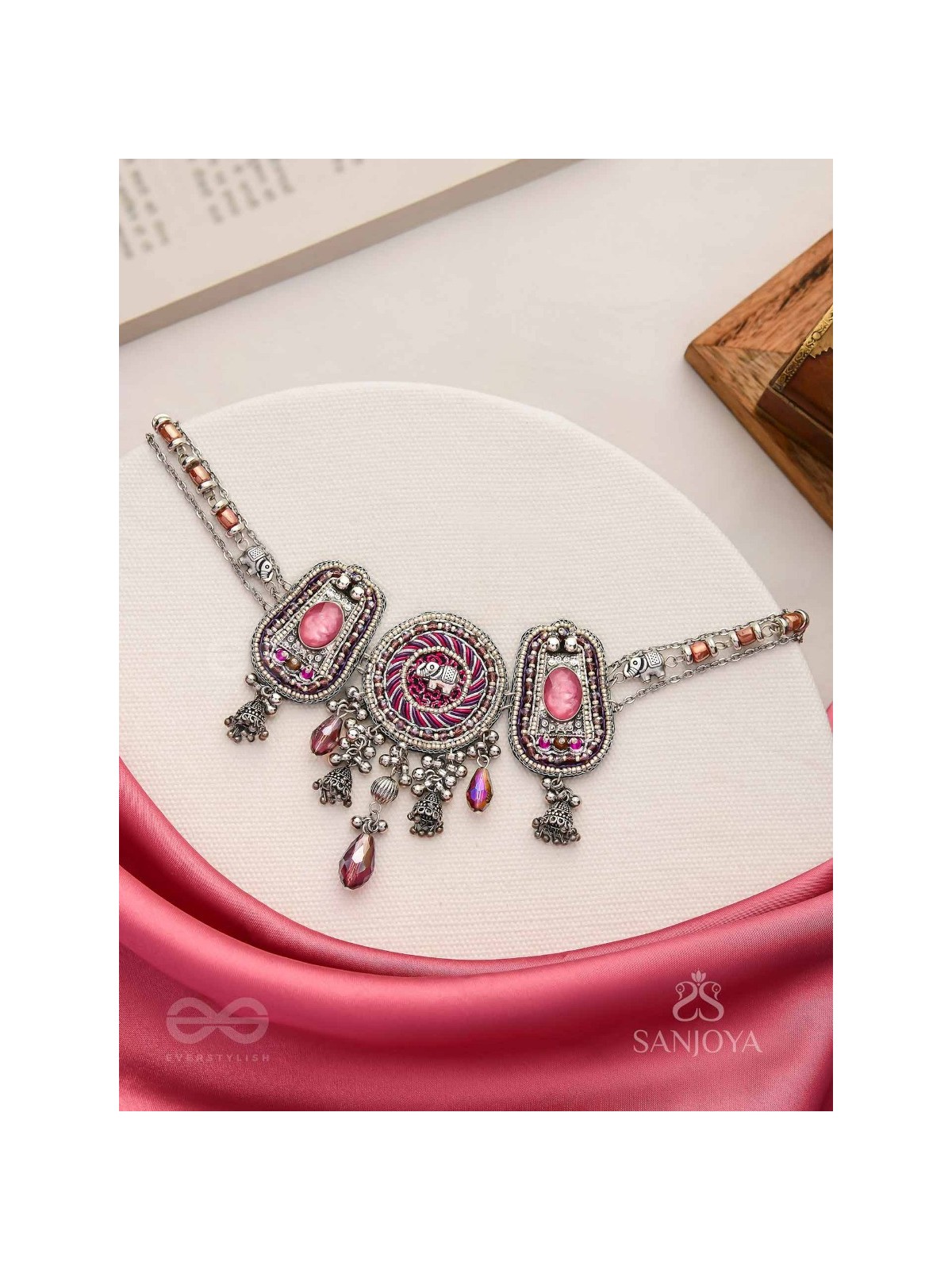 Jagatparayan - The Fuchsia Galaxy- Stones, Beads And Glass Drops Hand Embroidered Choker Neckpiece