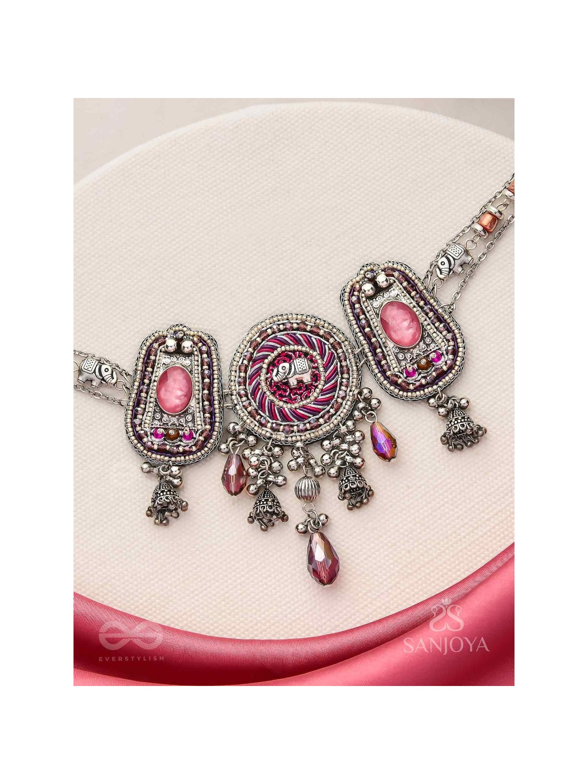Jagatparayan - The Fuchsia Galaxy- Stones, Beads And Glass Drops Hand Embroidered Choker Neckpiece
