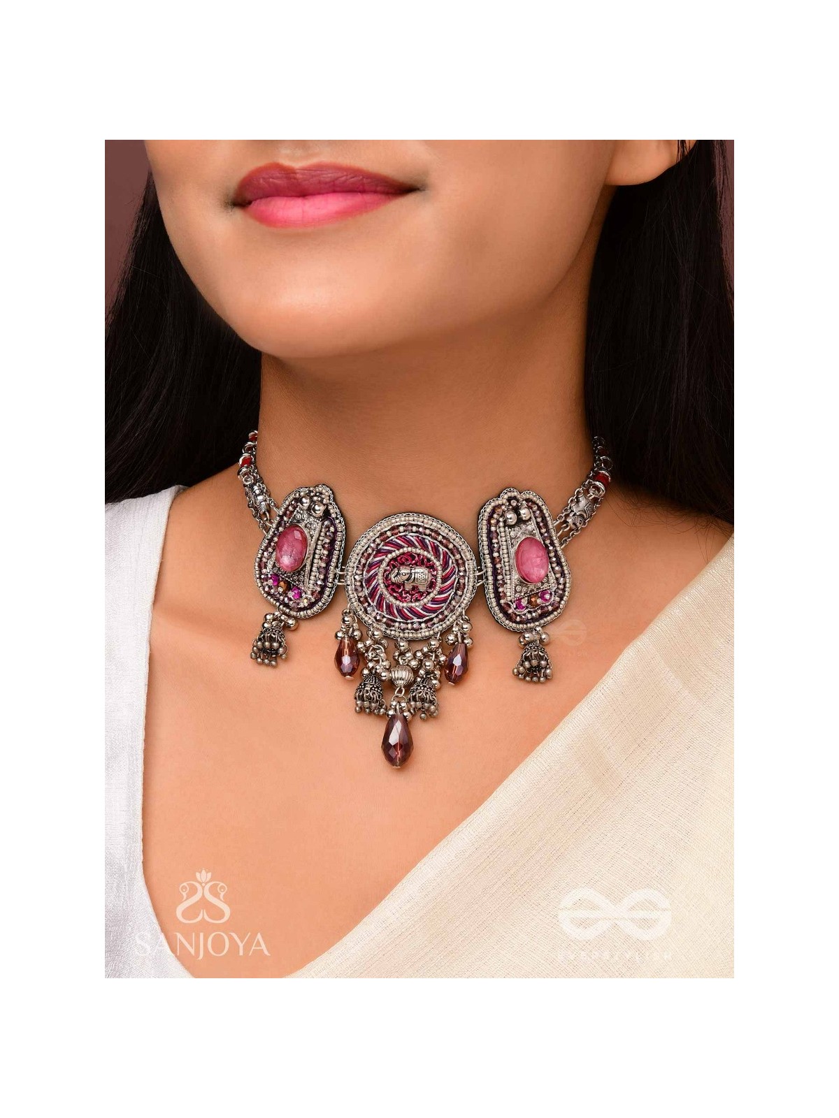 Jagatparayan - The Fuchsia Galaxy- Stones, Beads And Glass Drops Hand Embroidered Choker Neckpiece