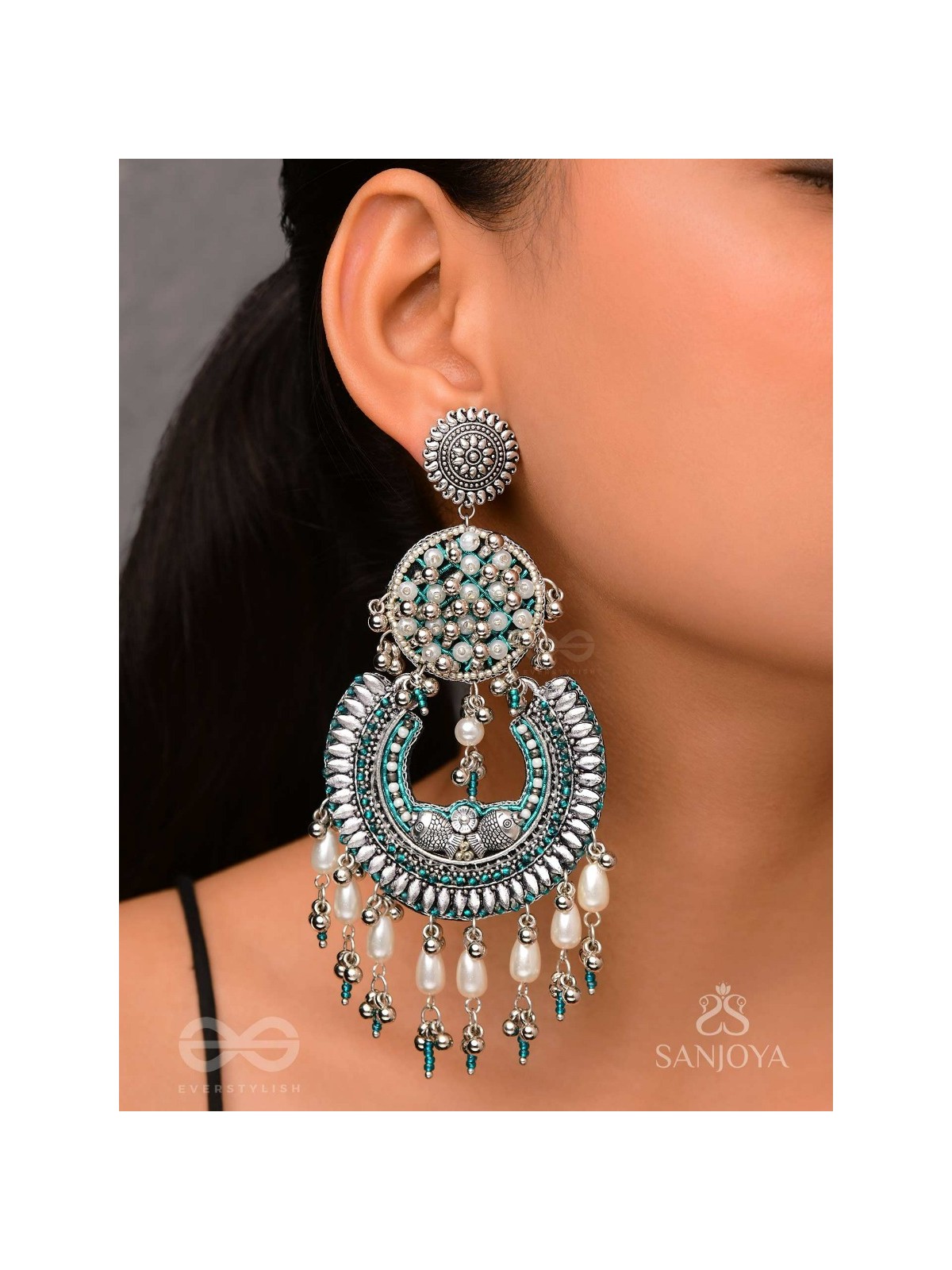 Atisiddhi- The Perfect Intricacy- Beads And Pearl Drops Hand Embroidered Oxidised Earrings