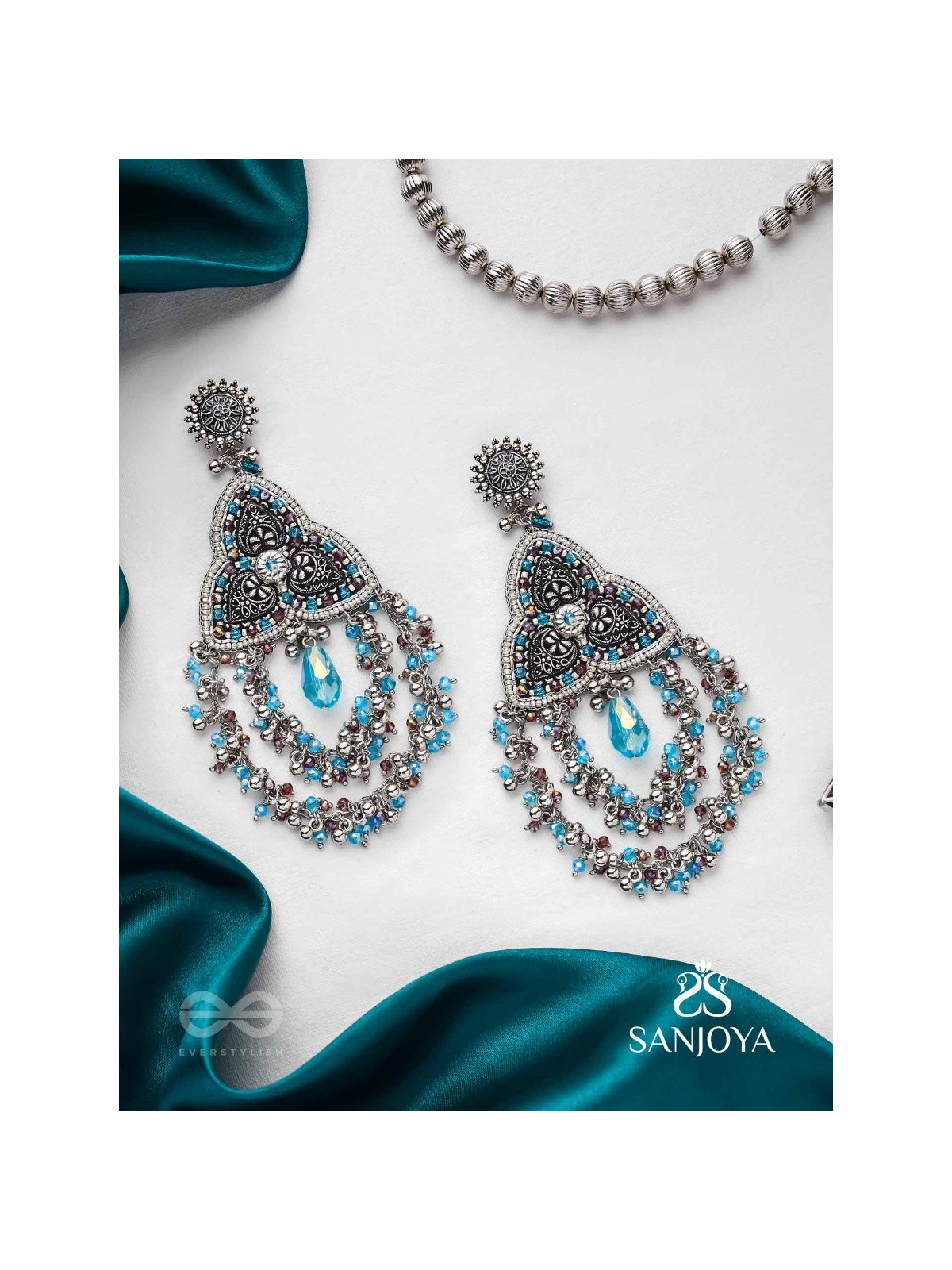 Prakirtih- The Euphoric Celebrations- Beads And Glass Drops Hand Embroidered Oxidised Earrings