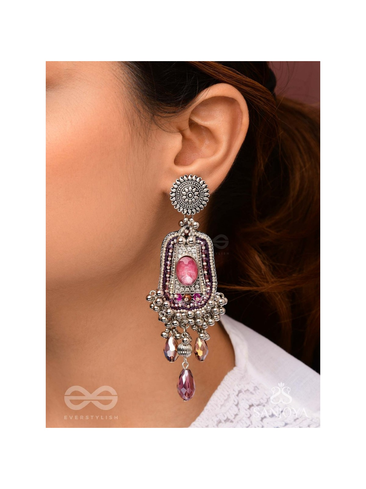 Parmeshthyam - The Fuchsia Royalty - Stone, Beads And Glass Drops Hand Embroidered Oxidised Earrings 