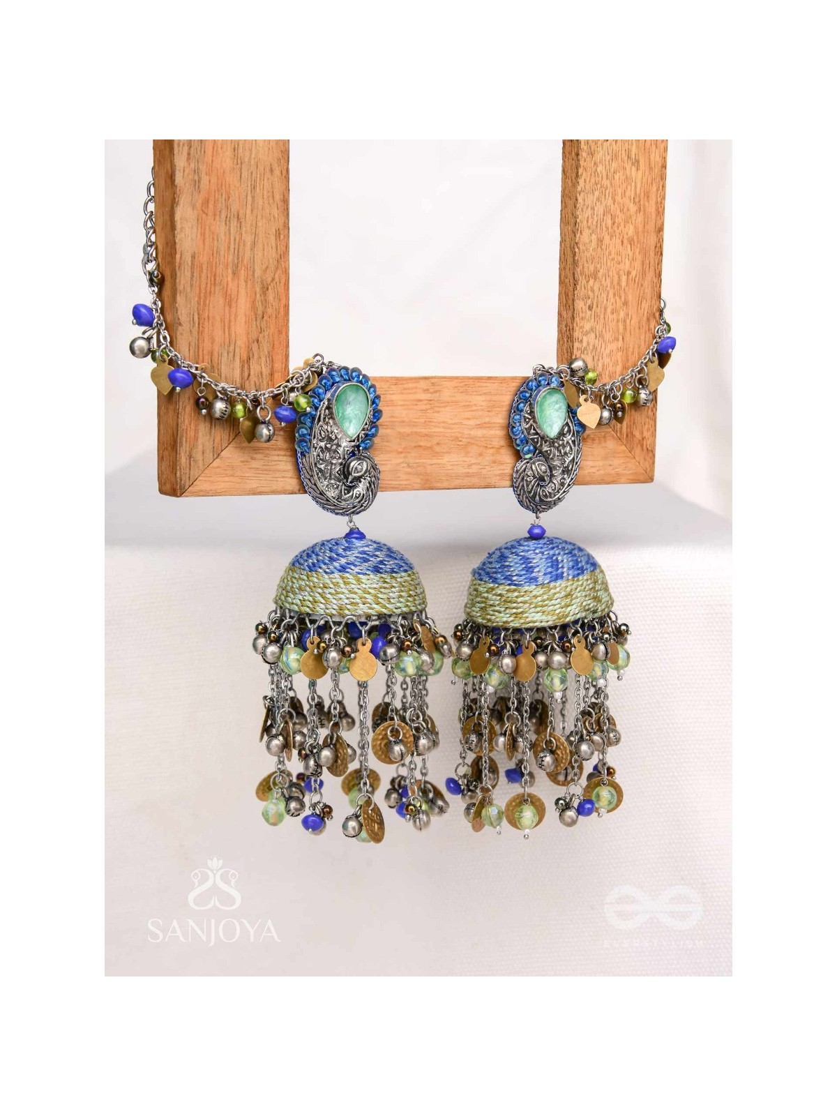 Anugita - Song Of The Sky - Stone, Coins And Beads Hand Embroidered Oxidised Earrings
