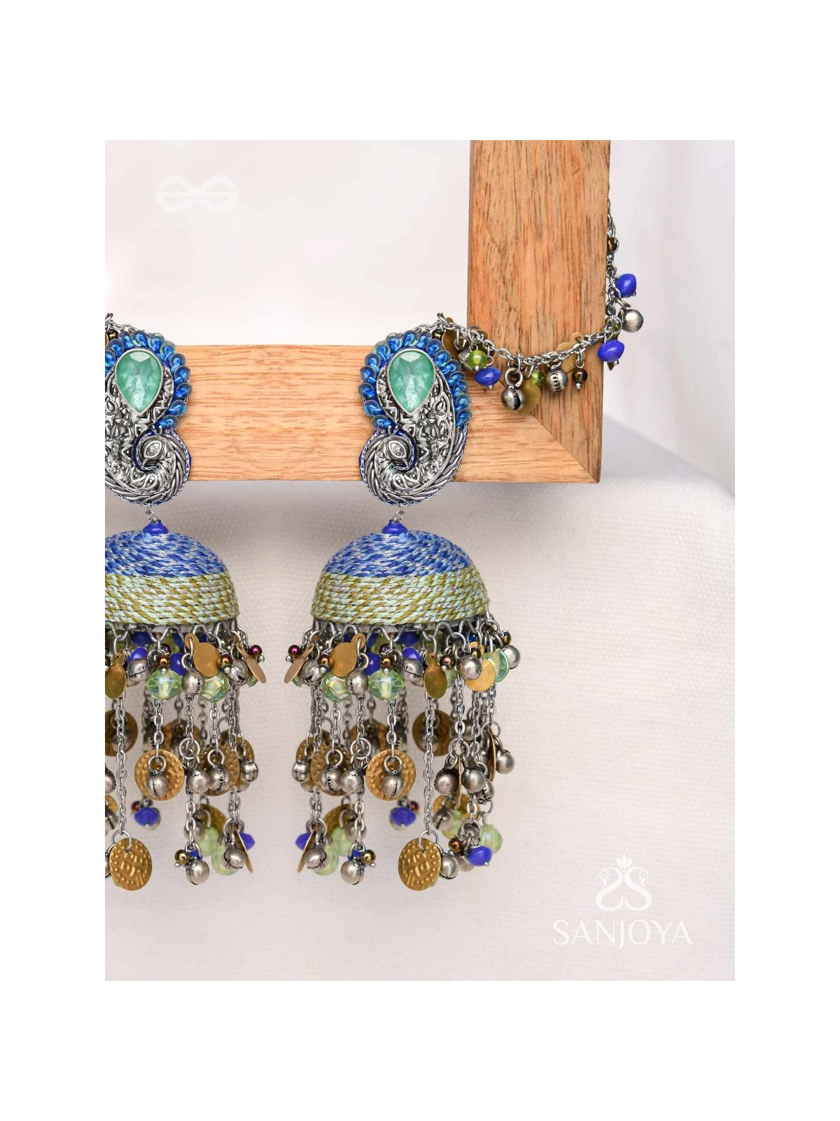 Anugita - Song Of The Sky - Stone, Coins And Beads Hand Embroidered Oxidised Earrings