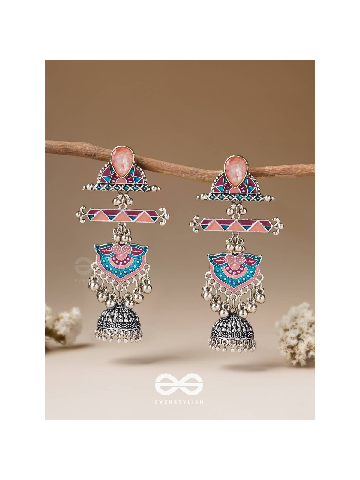 The Rosy Patterns- Stone Enamelled Oxidised Earrings