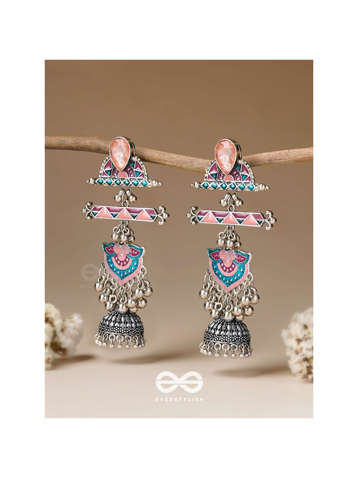 The Rosy Patterns- Stone Enamelled Oxidised Earrings