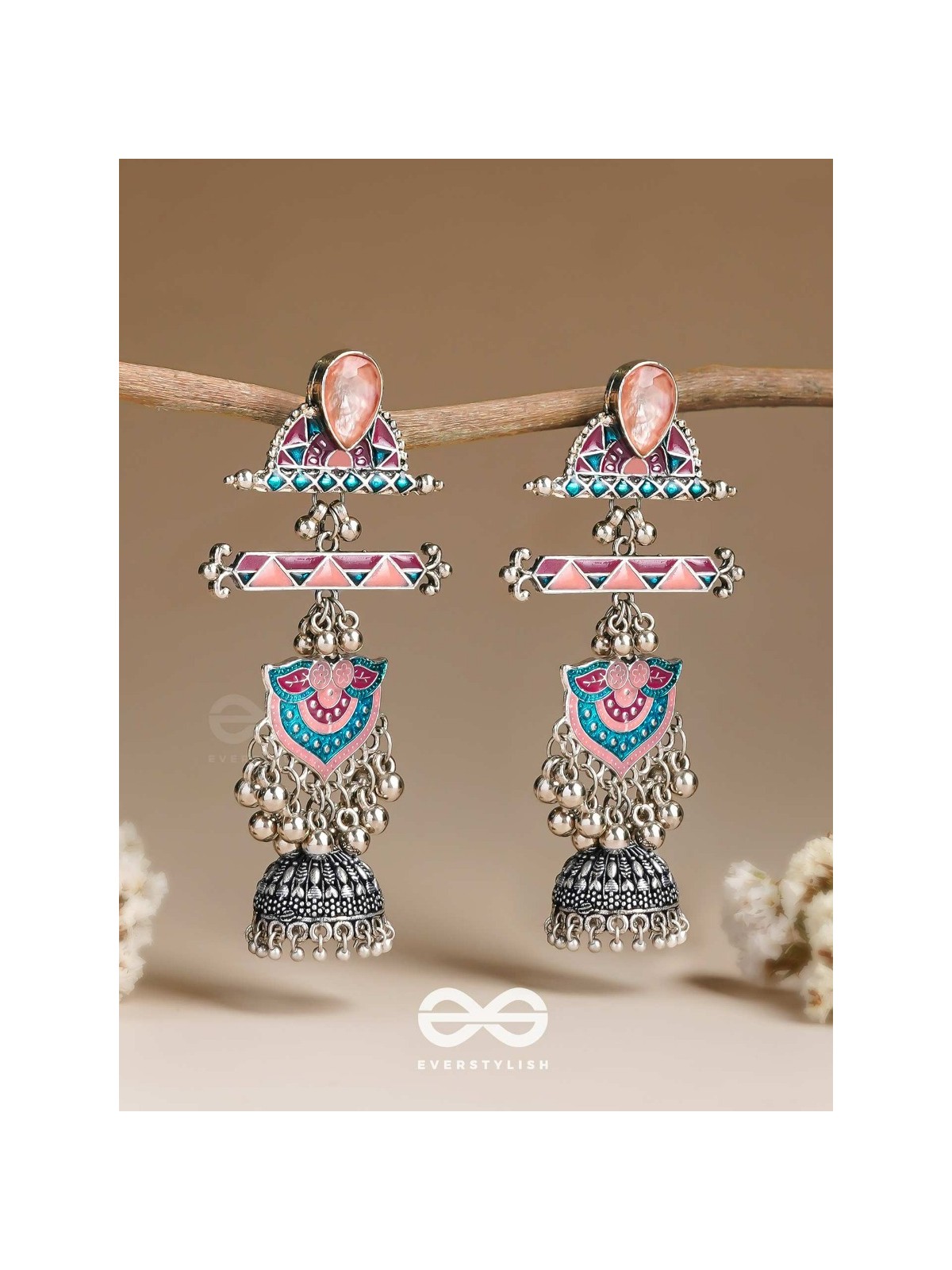 The Rosy Patterns- Stone Enamelled Oxidised Earrings