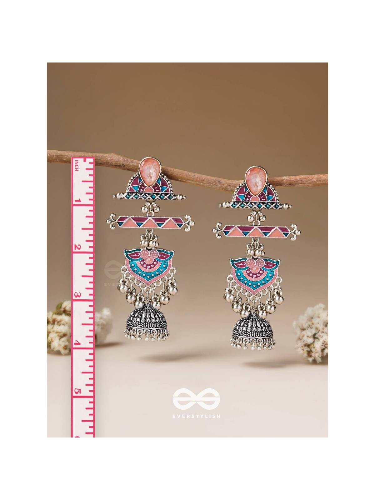 The Rosy Patterns- Stone Enamelled Oxidised Earrings