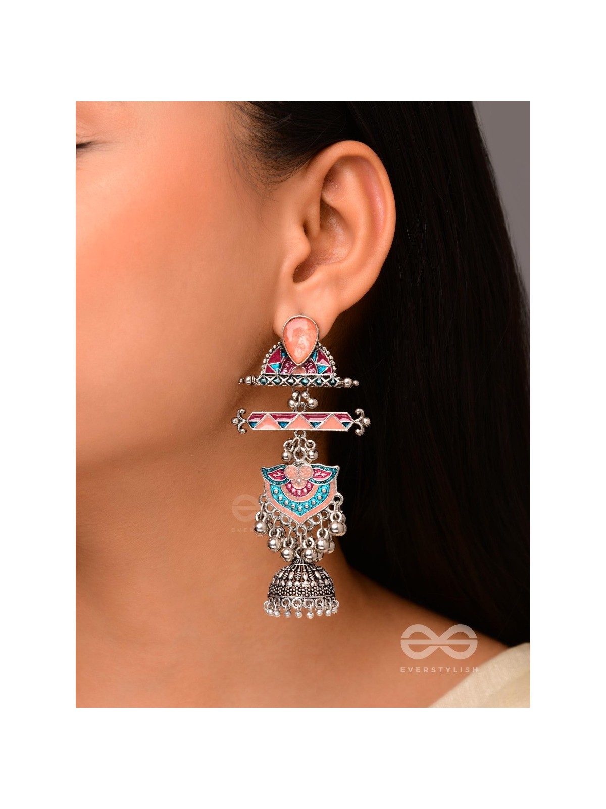 The Rosy Patterns- Stone Enamelled Oxidised Earrings