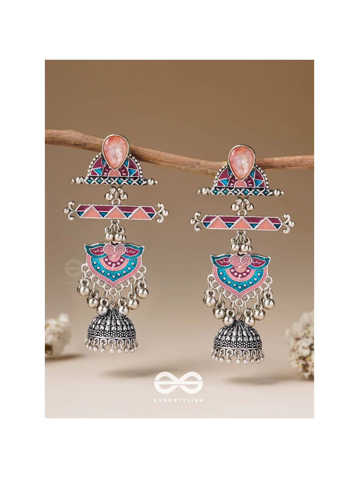 The Rosy Patterns- Stone Enamelled Oxidised Earrings