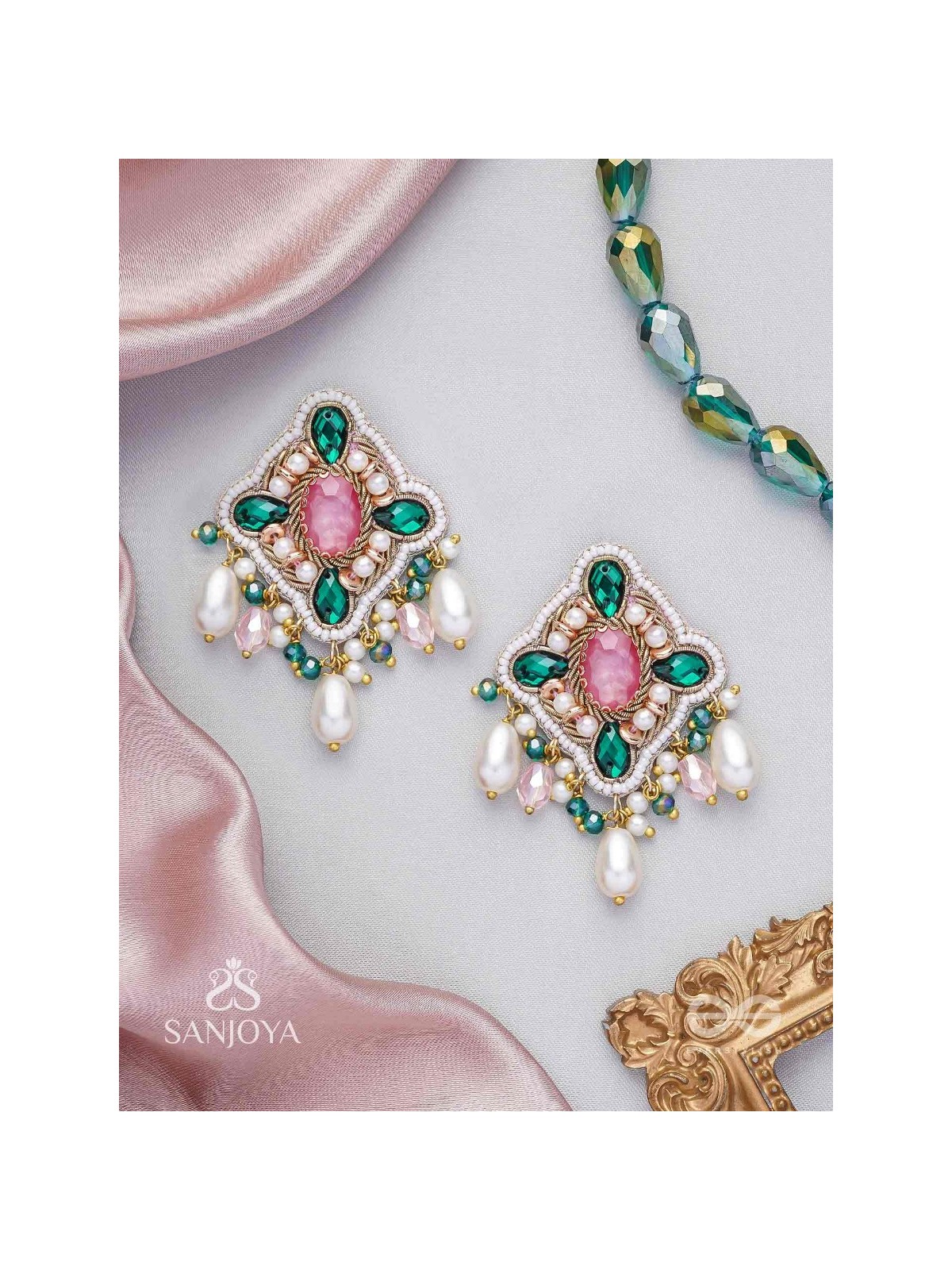 Abhivars - The Early Blossoms - Beads, Pearls And Stone Hand Embroidered Earrings