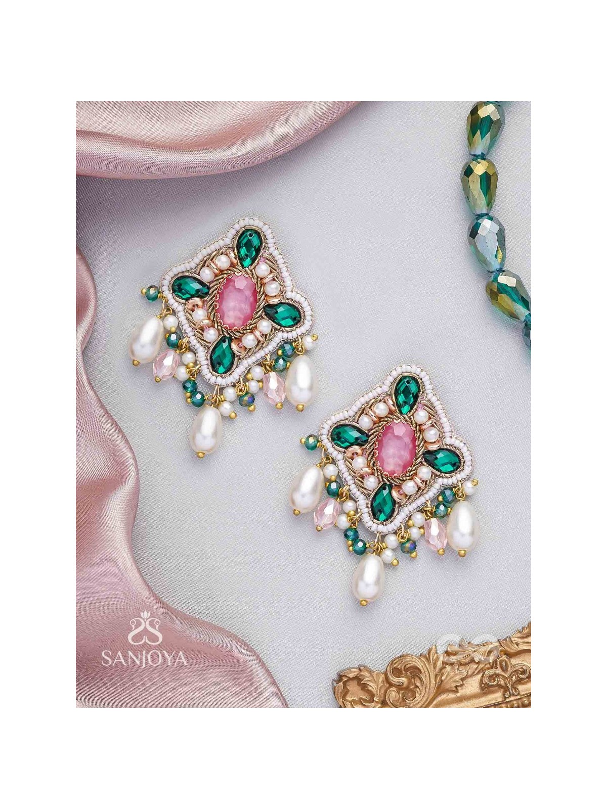 Abhivars - The Early Blossoms - Beads, Pearls And Stone Hand Embroidered Earrings