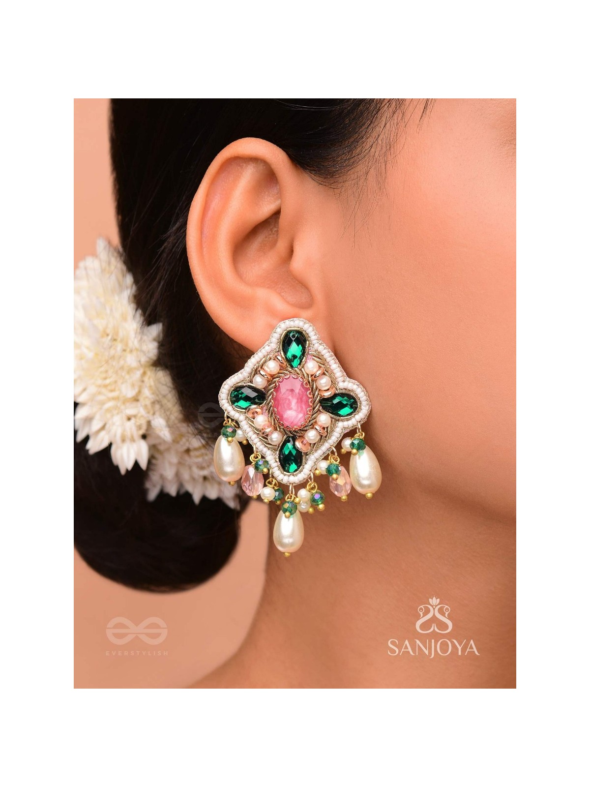 Abhivars - The Early Blossoms - Beads, Pearls And Stone Hand Embroidered Earrings