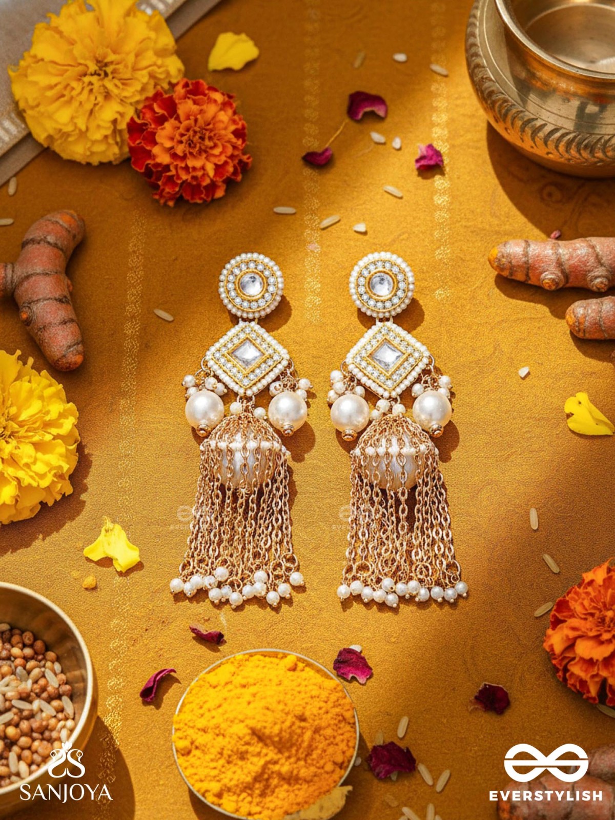 Tolaka - Seashell Mirage - Beads, Kundan And Polki Finished Hand Embroidered Earrings