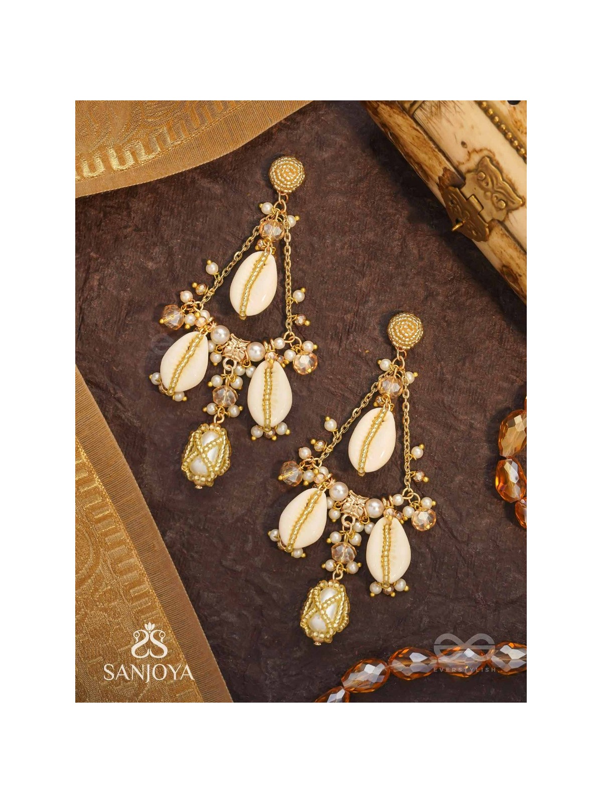 Varnaka - Sunlit Shell Charms - Beads And Shells Hand Embroidered Earrings