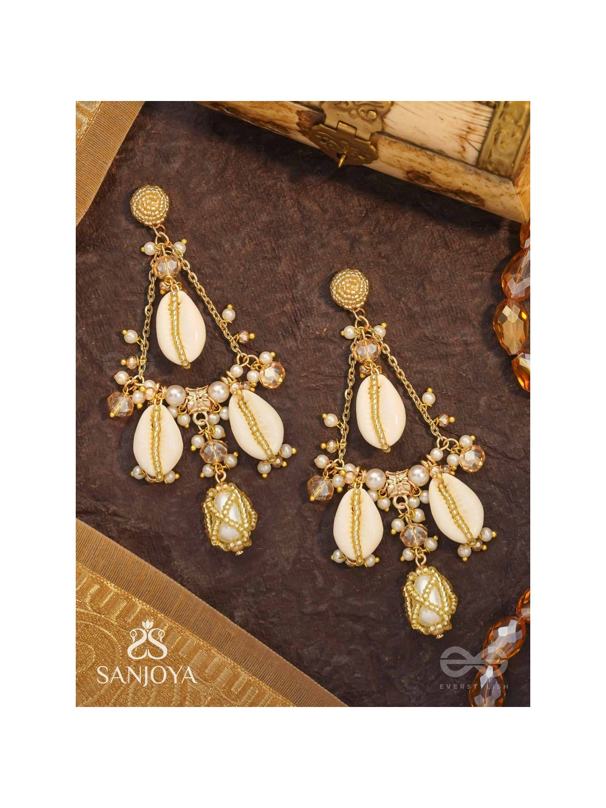 Varnaka - Sunlit Shell Charms - Beads And Shells Hand Embroidered Earrings