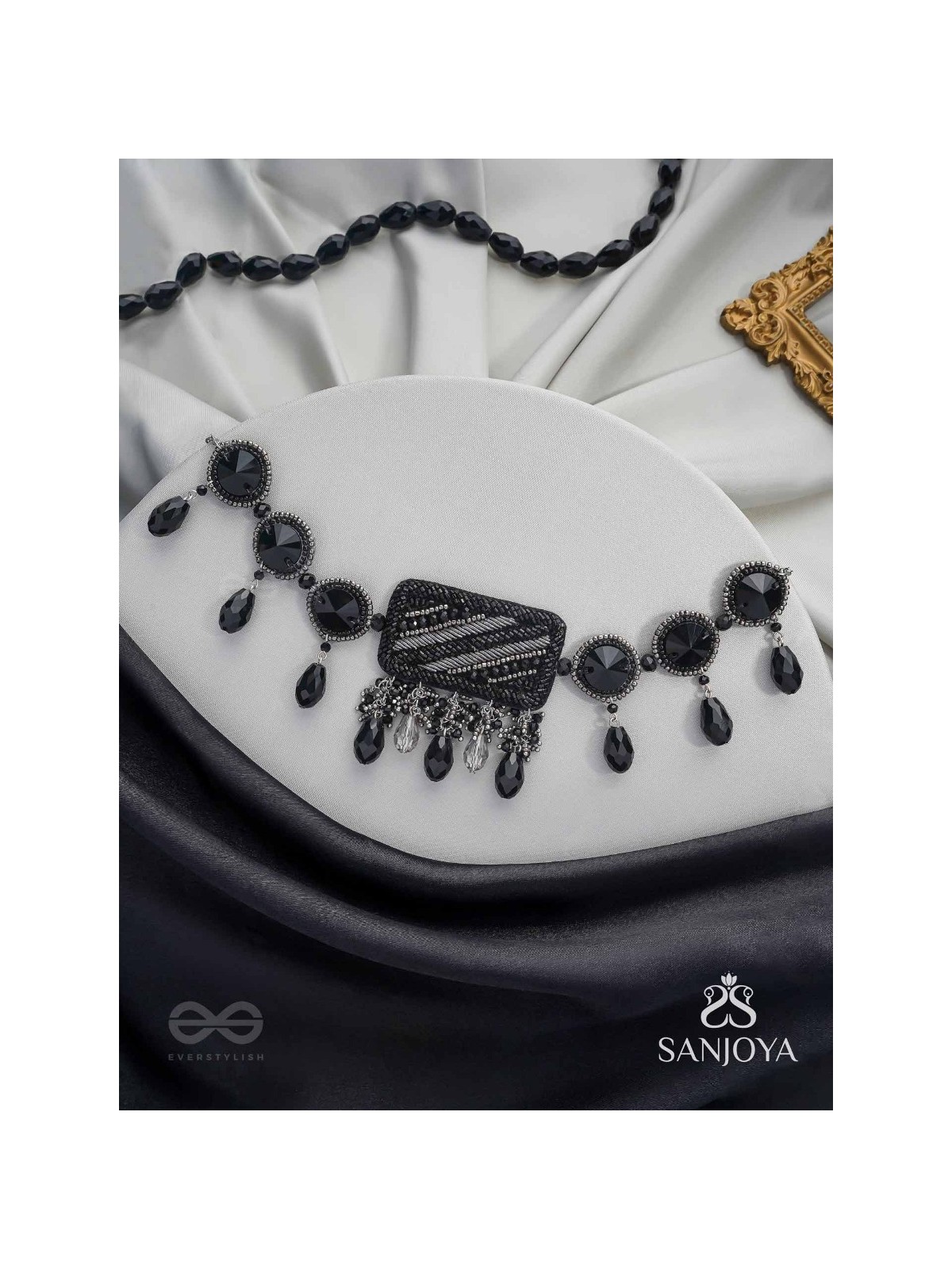 Anjyeta - Starry Nights - Beads, Cutdana And Glass Drops Hand Embroidered Neckpiece