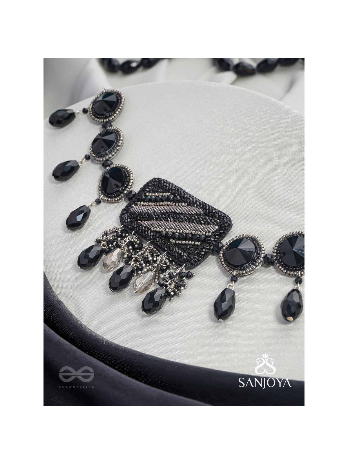 Anjyeta - Starry Nights - Beads, Cutdana And Glass Drops Hand Embroidered Neckpiece