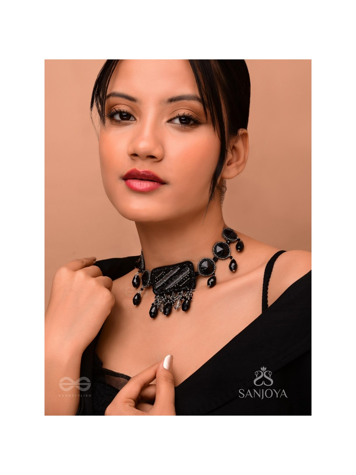 Anjyeta - Starry Nights - Beads, Cutdana And Glass Drops Hand Embroidered Neckpiece