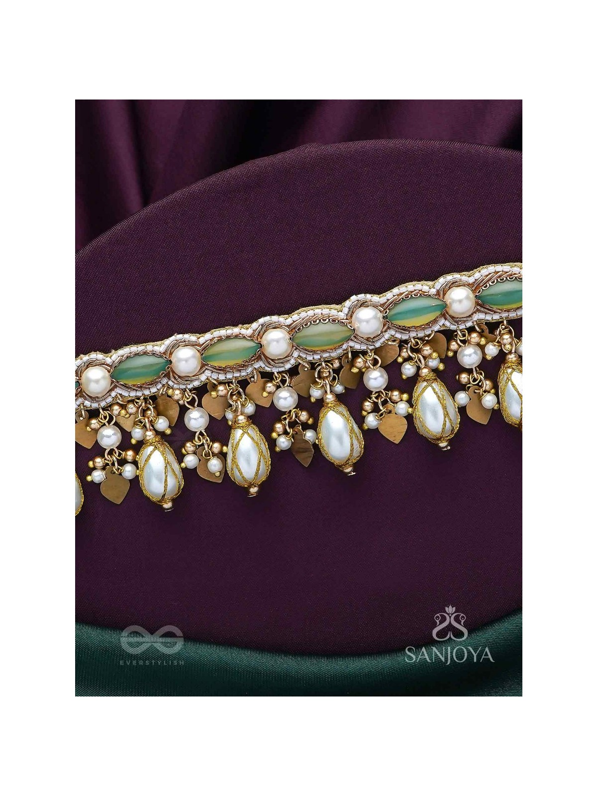 Haridvarna - Gilded Meadow Finery - Pearls, Stones And Beads Hand Embroidered Neckpiece